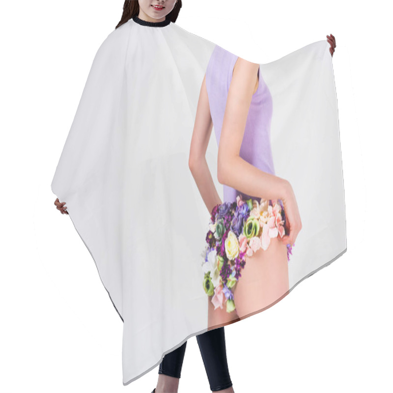 Personality  Cropped Shot Of Beautiful Tender Woman In Panties Made Of Flowers Standing Isolated On Grey Hair Cutting Cape