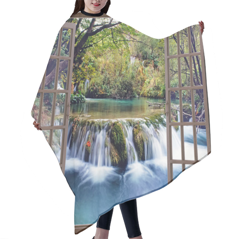 Personality  Open Window View To Small Waterfall On The River Hair Cutting Cape