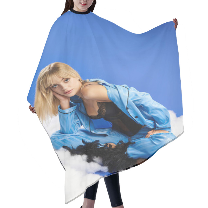 Personality  Blonde Woman In Vibrant Attire Sits Atop Fluffy Clouds In A Blue Sky. Hair Cutting Cape