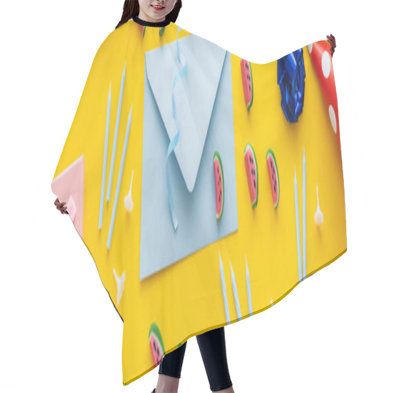 Personality  Top View Of Sweets Near Envelope And Festive Candles On Yellow Background, Banner  Hair Cutting Cape