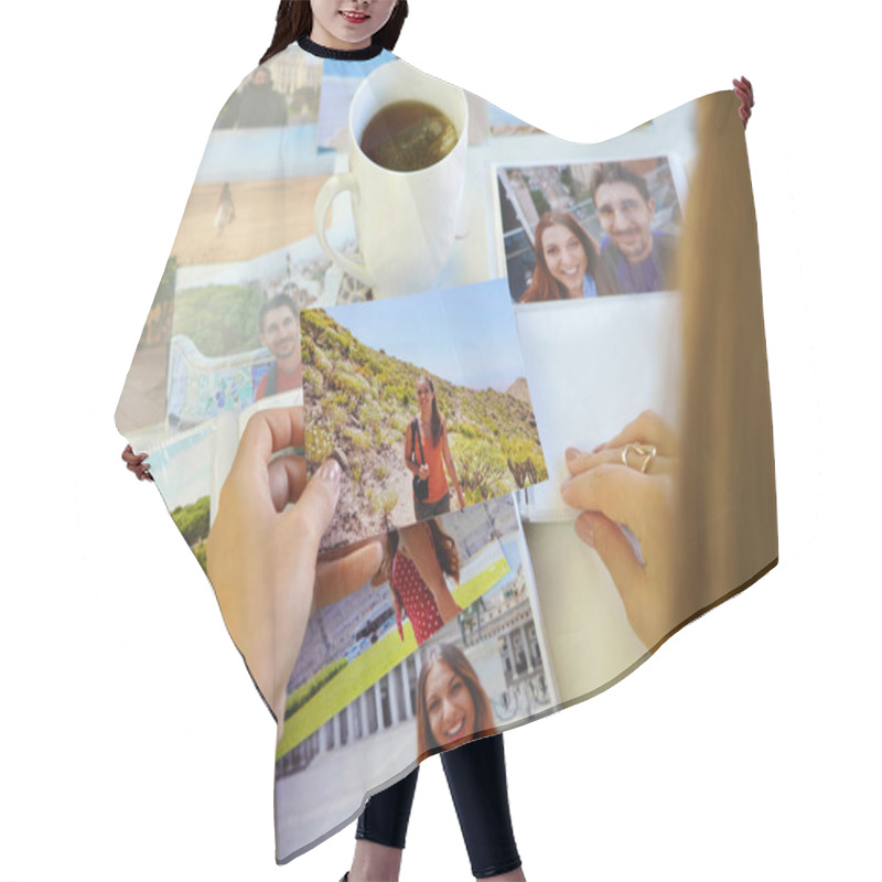 Personality  Young Woman Watching At Her Printed Photos, Remember Nostalgia For A Day Of Rest Hair Cutting Cape