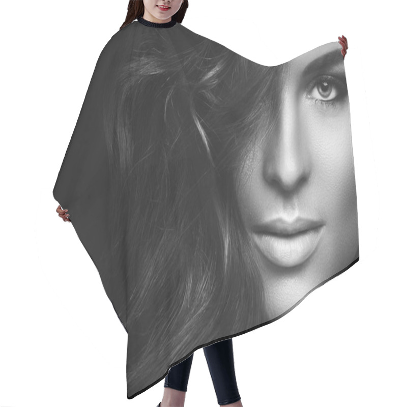 Personality  Black And White Portrait Of  Woman With Curly Hair And Beautiful Make-up Hair Cutting Cape