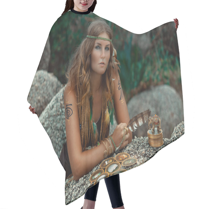 Personality  Beautiful Young Woman With Feather And Tarot Cards Hair Cutting Cape