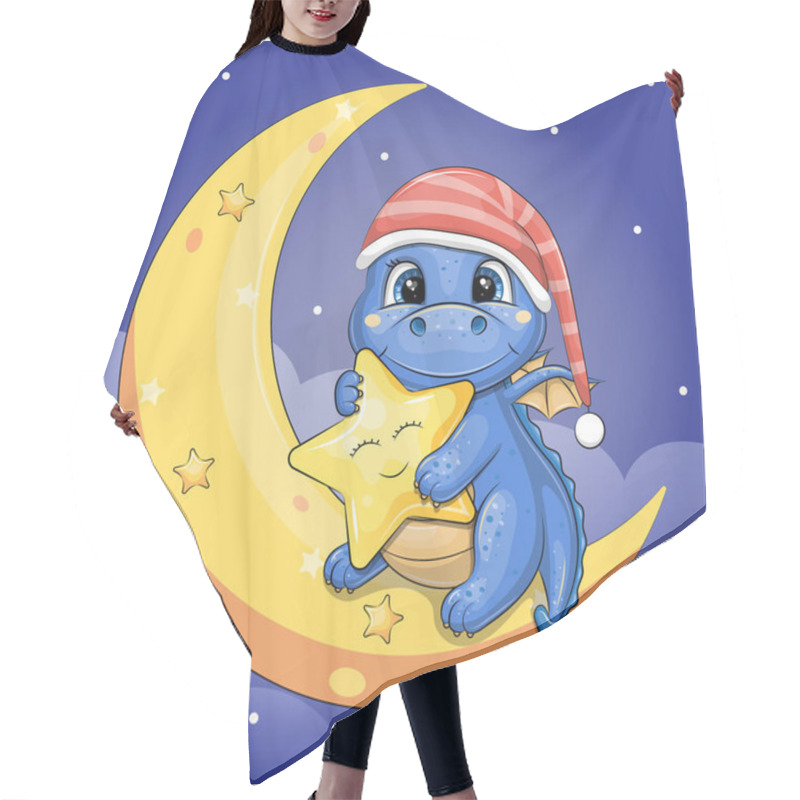 Personality  Cute Cartoon Blue Dragon In Red Nightcap Holding A Yellow Star And Sitting On A Moon. Night Vector Illustration Of Animal On Dark Blue Background With Clouds And Stars. Hair Cutting Cape