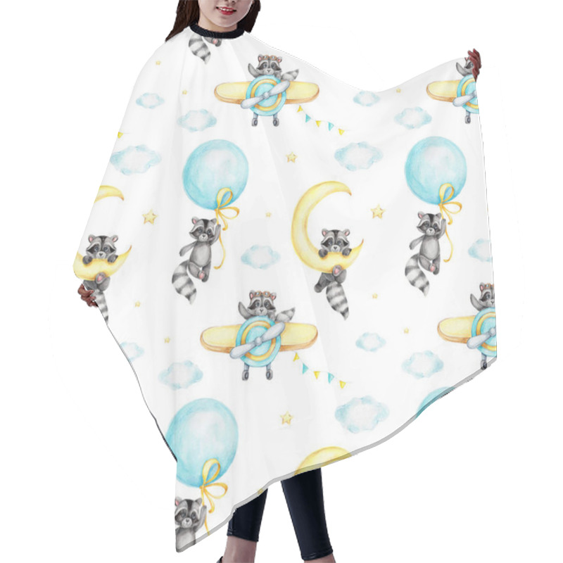 Personality  Seamless Pattern With Cute Cartoon Raccoons And Clouds, Stars And Moon; Watercolor And Colored Pencils Illustration; With White Isolated Background Hair Cutting Cape