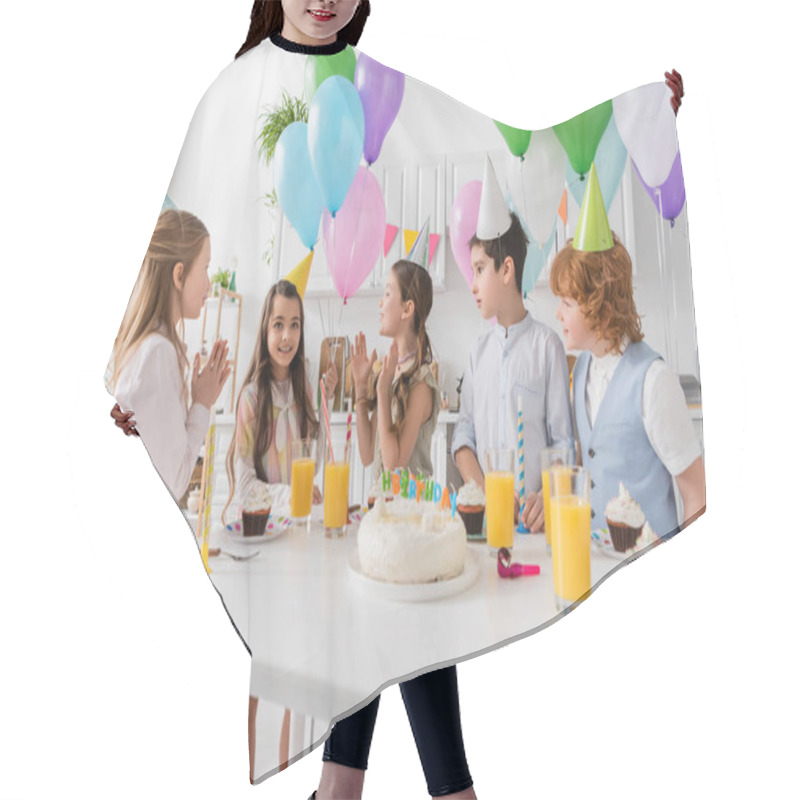 Personality  Happy Kids Clapping Hands And Singing Happy Birthday Song Next To Cake With Candles And Balloons  Hair Cutting Cape