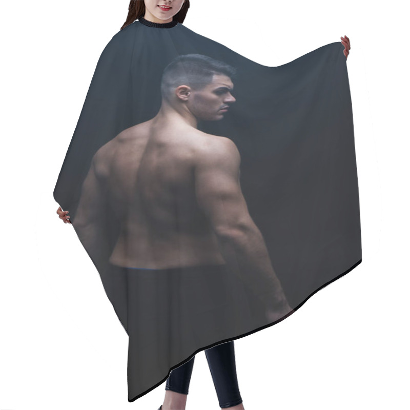 Personality  Back View Of Sexy Muscular Bodybuilder With Bare Torso Posing Isolated On Black Hair Cutting Cape