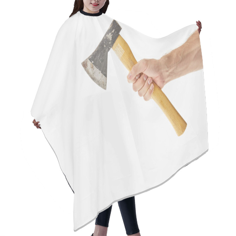 Personality  Partial View Of Man Holding Axe Isolated On White Hair Cutting Cape