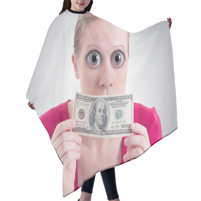 Personality  Money Concept. Woman With A Big Eyes And Mouth Closed Dollar Hair Cutting Cape