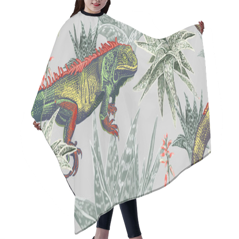 Personality  Iguana, Aloe And Cacti. Floral Seamless Pattern With Blooming Pl Hair Cutting Cape