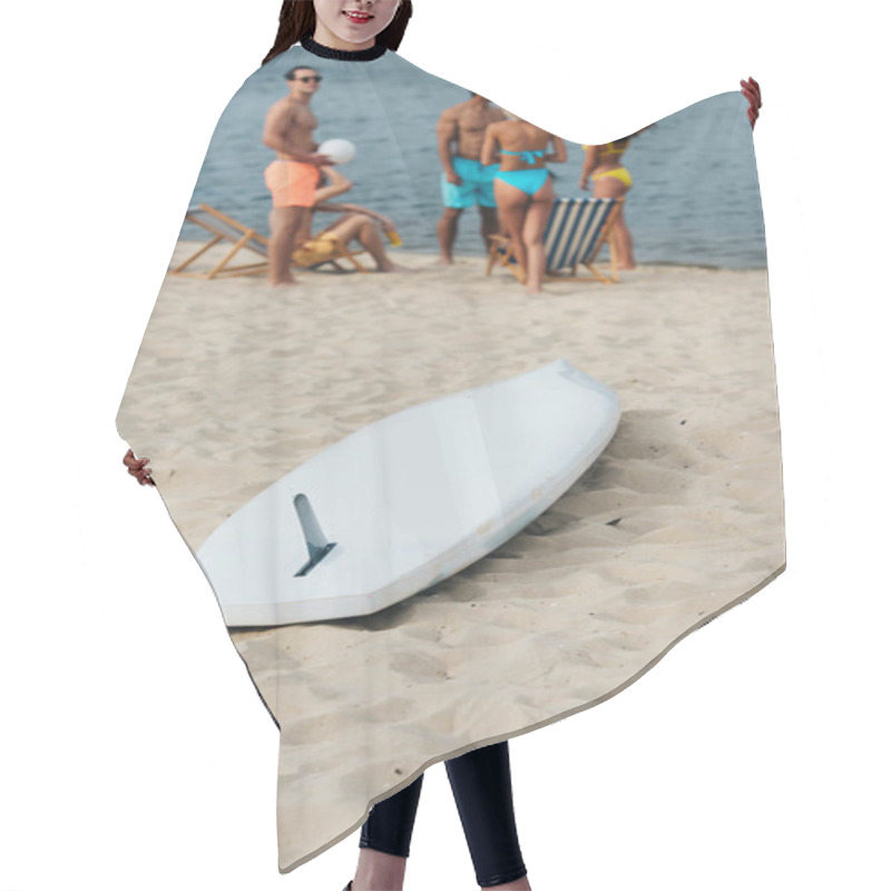 Personality  White Surfing Board On Sand Near Multicultural Friends Resting On Beach Hair Cutting Cape