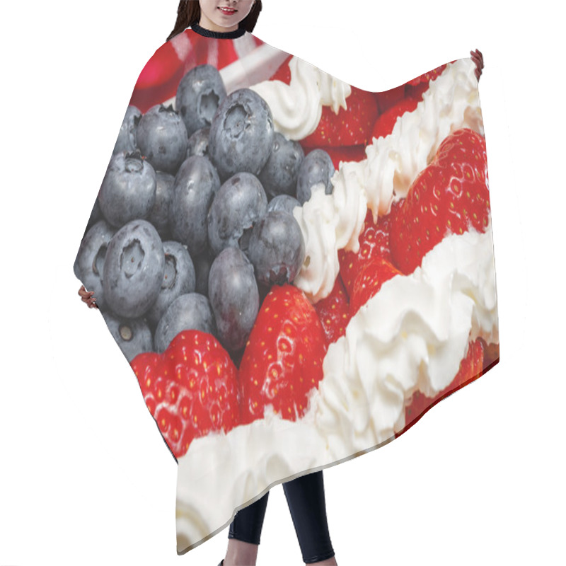 Personality  Whip Cream, Strawberries And Blueberries Combined To Look Like The American Flag And Placed In A Ceramic Tray  For A 4th Of July Themed Party, On A Wooden Table And Rustic Towel Hair Cutting Cape