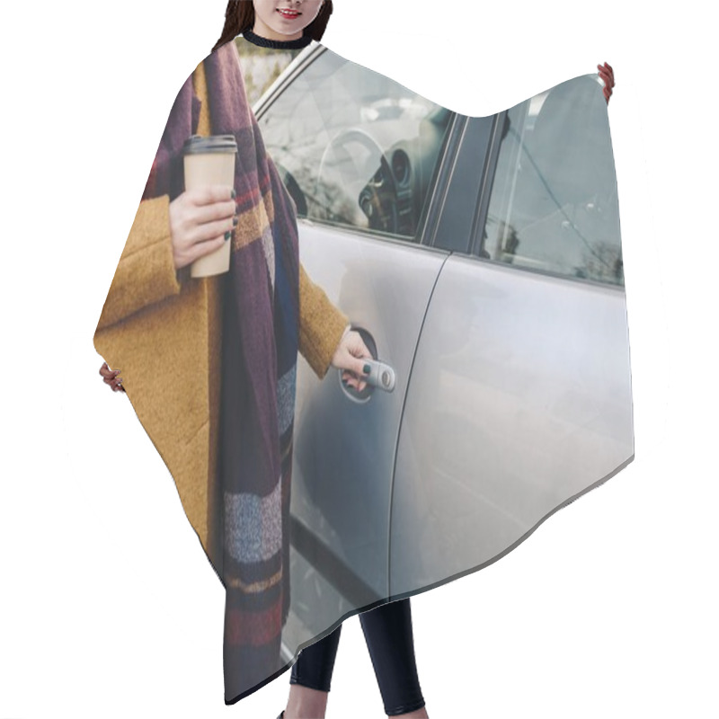 Personality  Partial View Of Woman With Coffee To Go In Hand Holding Car Door Handle Hair Cutting Cape