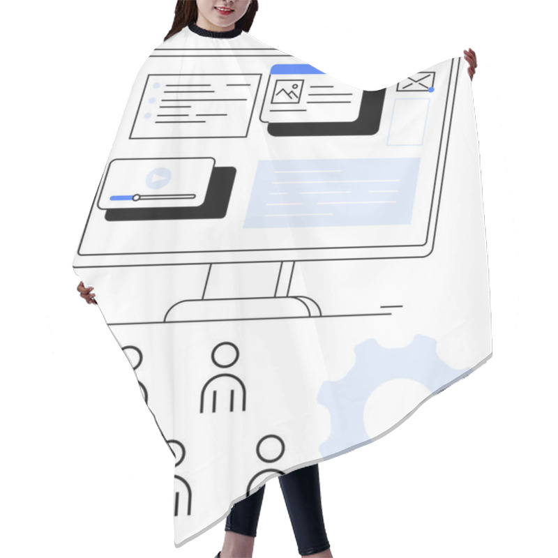 Personality  Computer Screen With Documents, Images, And Video Icons Below, Five User Figures And A Gear Icon. Ideal For Teamwork, Project Management, Online Collaboration, Digital Workflow, User Roles Hair Cutting Cape