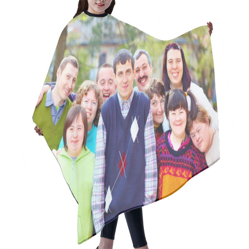 Personality  Group Of Happy People With Disabilities Hair Cutting Cape