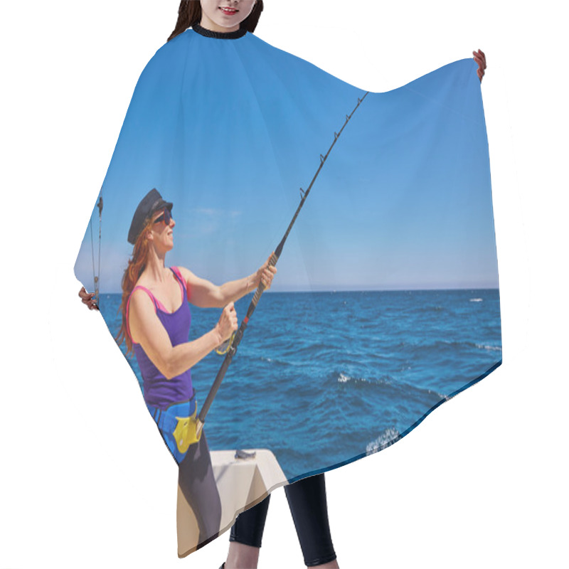 Personality  Beautiful Woman Girl Fishing Rod Trolling In Boat Hair Cutting Cape