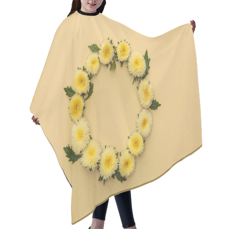 Personality  Round Frame Of Yellow Asters On Beige Background With Copy Space Hair Cutting Cape