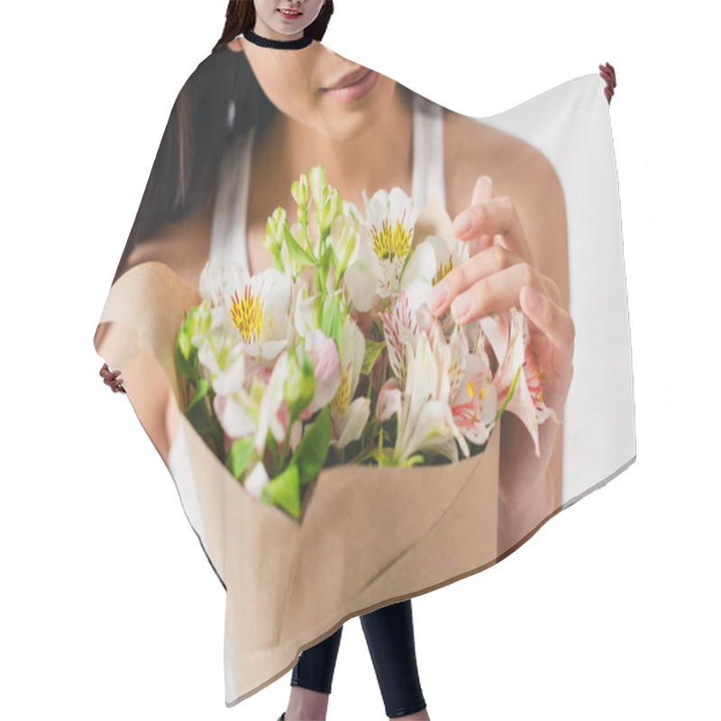 Personality  Cropped View Of Young Woman Touching Flowers In Bouquet  Hair Cutting Cape