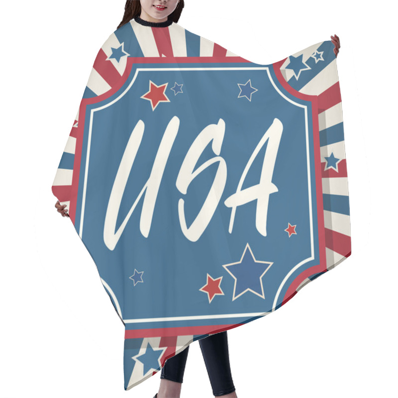 Personality  USA. United States Of America Independence Day Greeting Card. American Patriotic Design. Hand Drawn Lettering Over Traditional Stars And Stripes Background. Hair Cutting Cape