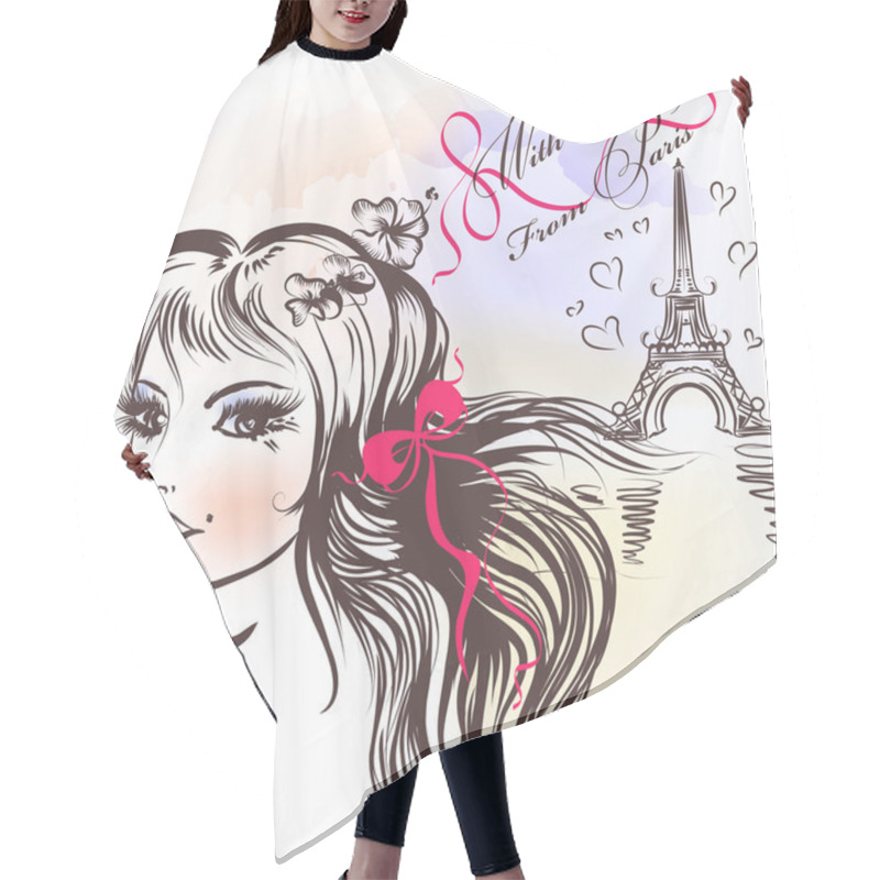 Personality  Cute French Girls Face With Long Hair Sketch Style Hair Cutting Cape