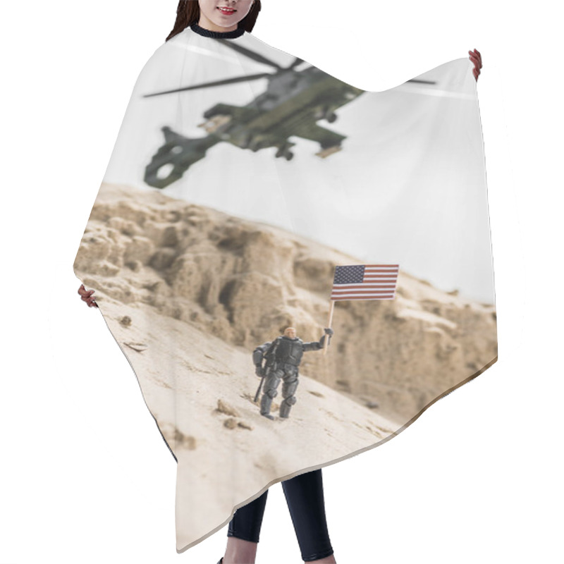 Personality  Selective Focus Of Toy Soldier Holding American Flag On Sand Dune Hair Cutting Cape