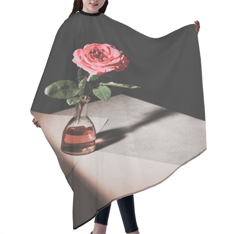 Personality  Pink Rose Flower In Glass Bottle On Stone Table With Sheets Of Paper Isolated On Black Hair Cutting Cape