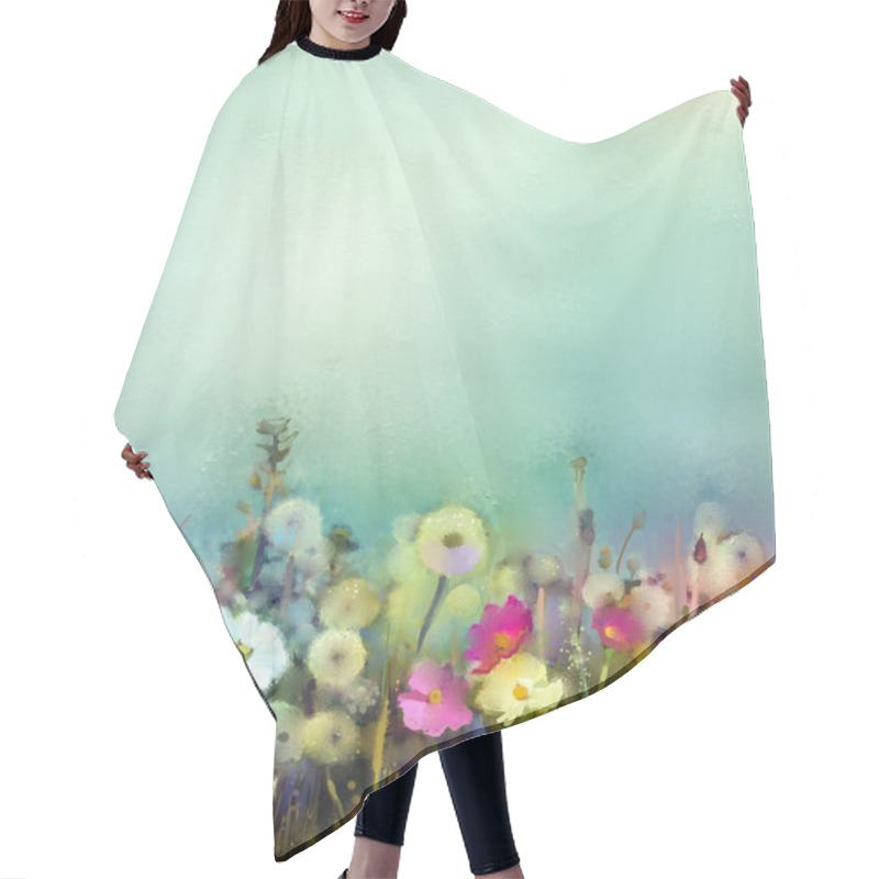 Personality  Oil Painting  Flowers Dandelion, Poppy, Daisy In Fields. Hand Paint Wildflowers Field In Summer Meadow. Hair Cutting Cape