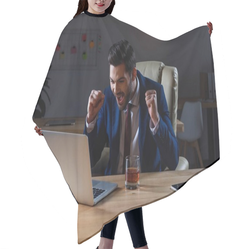 Personality  Happy And Surprised Businessman Looking At Laptop And Showing Yes Gesture Hair Cutting Cape