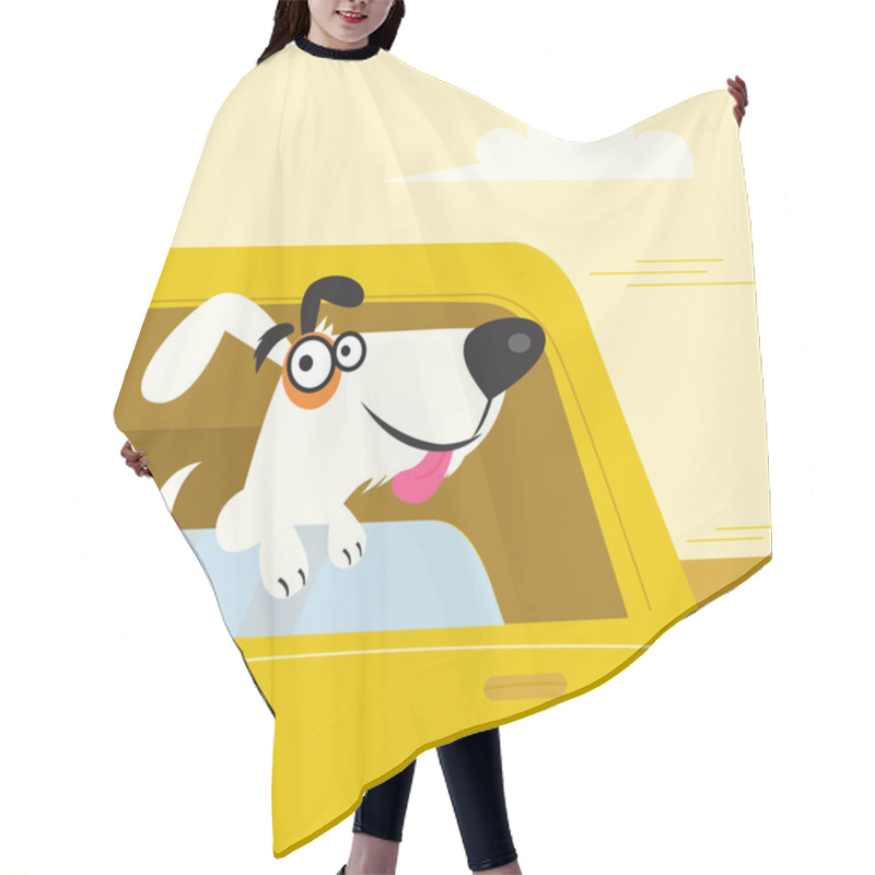 Personality  Happy Black And White Dog Travelling In Yellow Car Hair Cutting Cape