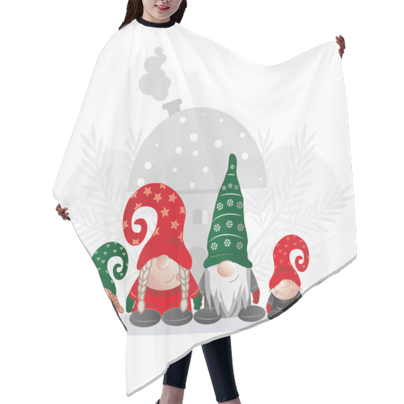 Personality  Christmas Card With Gnome Family In Front Of Mushroom House Vector Illustration Hair Cutting Cape