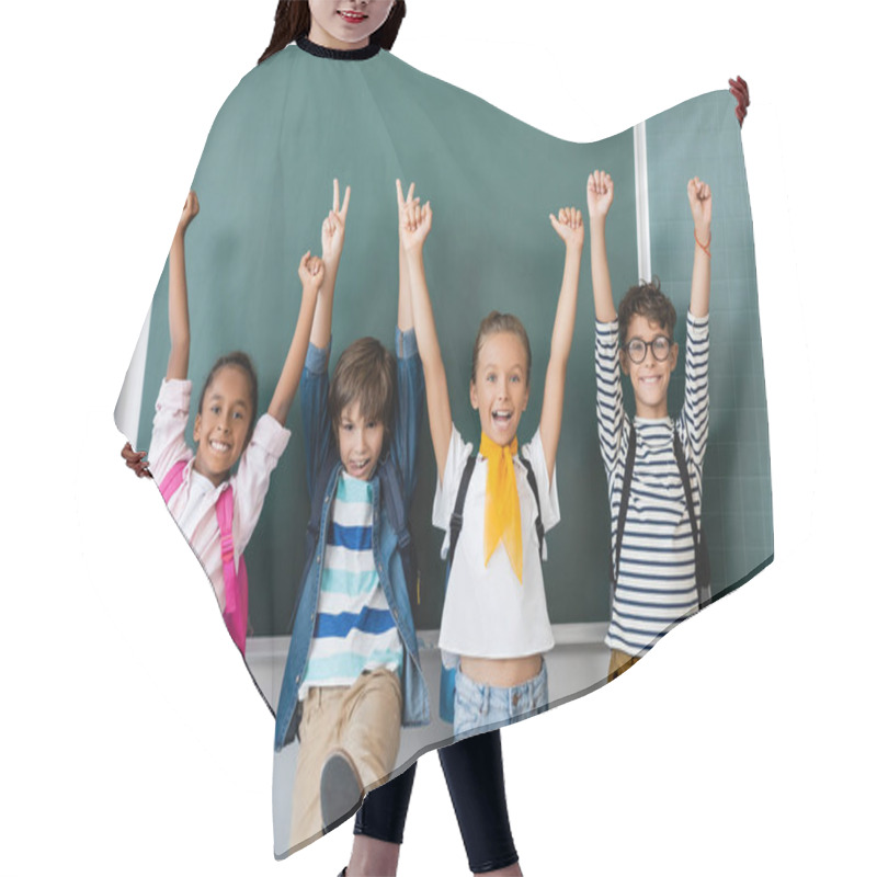 Personality  Selective Focus Of Multicultural Classmates Showing Peace And Yes Gestures Near Chalkboard In Classroom  Hair Cutting Cape