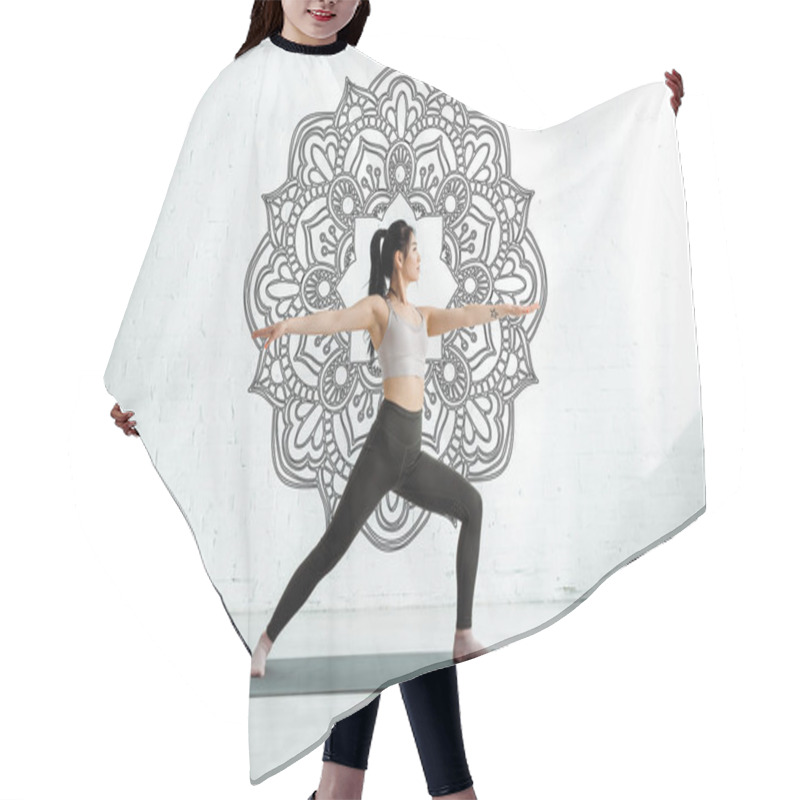 Personality  Calm Asian Woman Standing With Outstretched Hands On Yoga Mat Near Mandala Ornament  Hair Cutting Cape