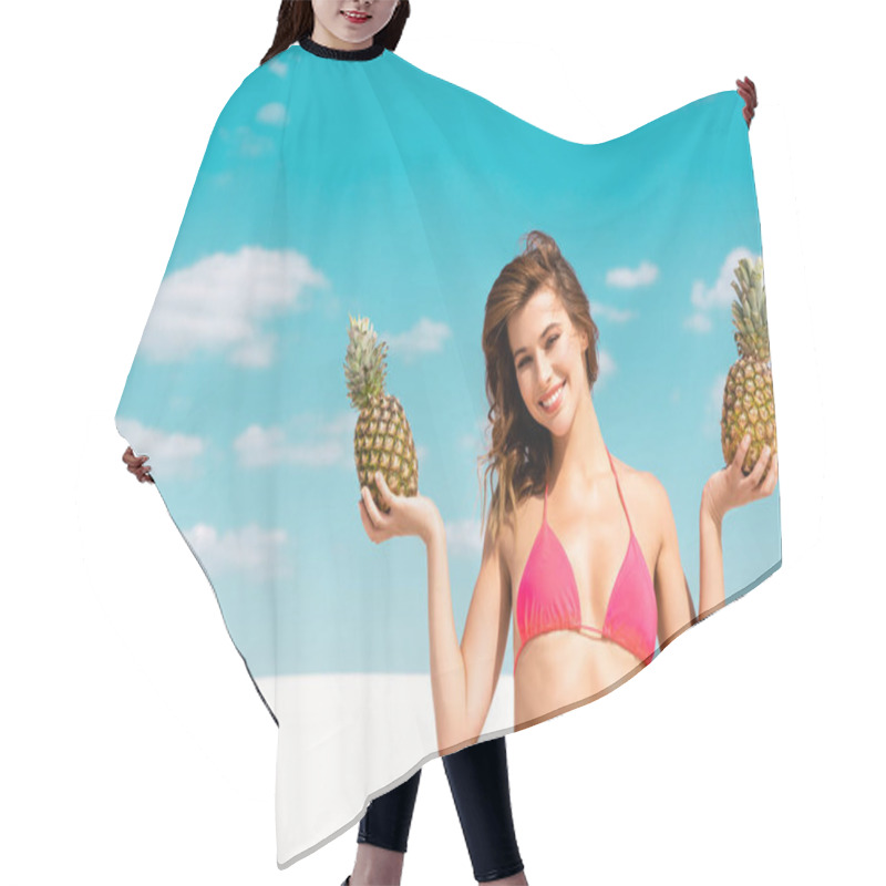 Personality  Smiling Beautiful Sexy Girl In Swimsuit With Pineapples On Sandy Beach With Blue Sky And Clouds Hair Cutting Cape