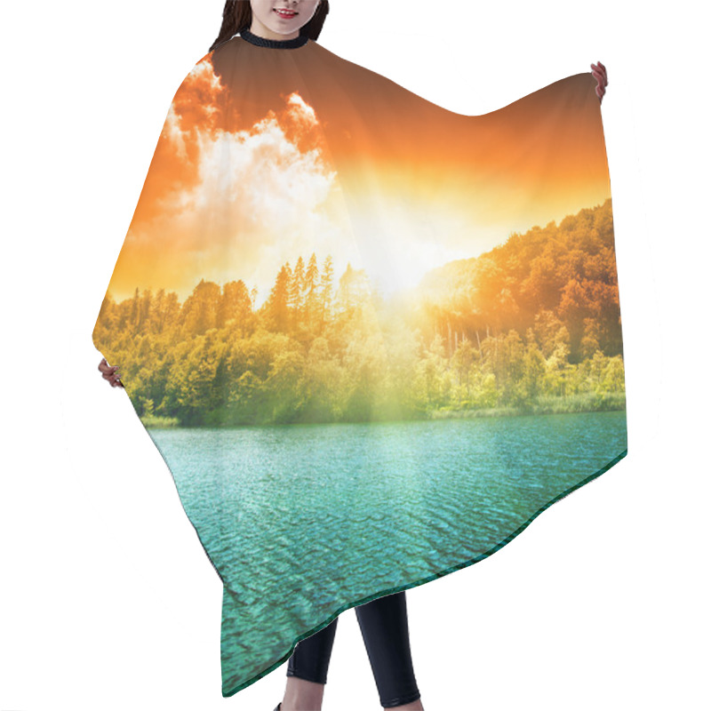 Personality  Green Water Lake In Forest And Sunset Hair Cutting Cape