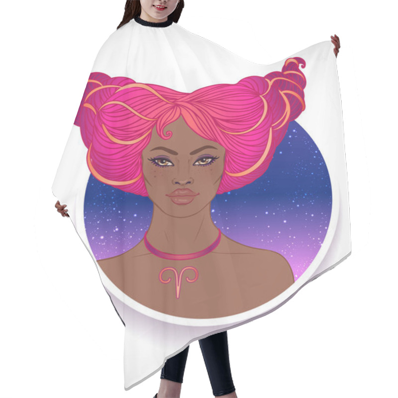 Personality  Illustration Of Aries Astrological Sign As A Beautiful African American Girl. Zodiac Vector Illustration Isolated On White. Future Telling, Horoscope, Fashion Black Woman. Hair Cutting Cape