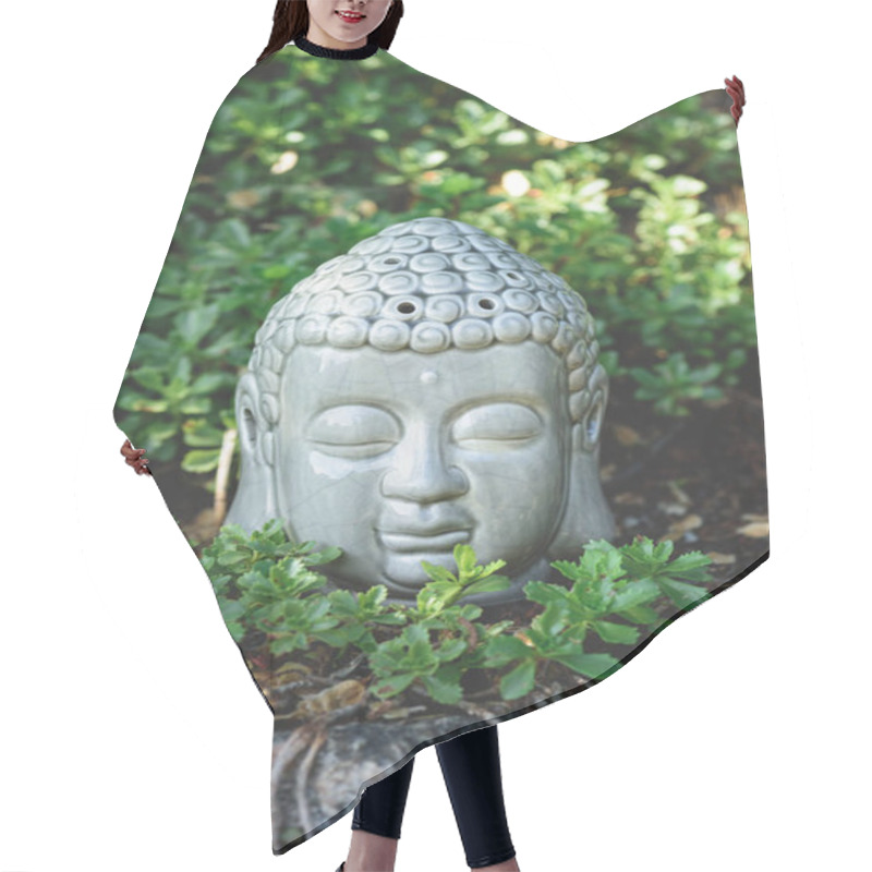 Personality  Buddha Head On Stone With Green Plants Around In Summer Hair Cutting Cape