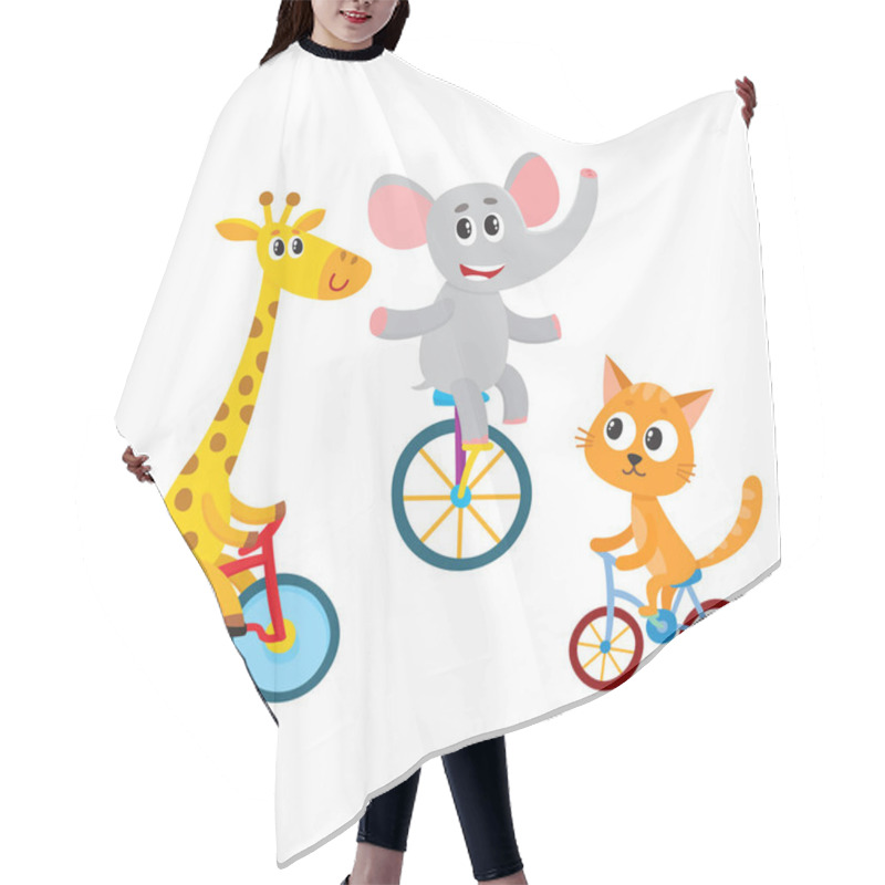 Personality  Cute Elephant, Giraffe, Cat Animal Characters Riding Unicycle, Bicycle, Tricycle Hair Cutting Cape