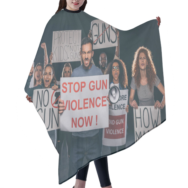 Personality  Angry Man Holding Placard With Stop Gun Violence Now Lettering Near Multicultural People On Black  Hair Cutting Cape