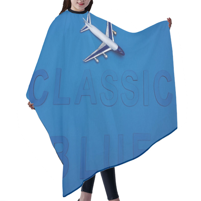 Personality  Cropped View Model Of Plane And Classic Blue Lettering On Blue Background  Hair Cutting Cape