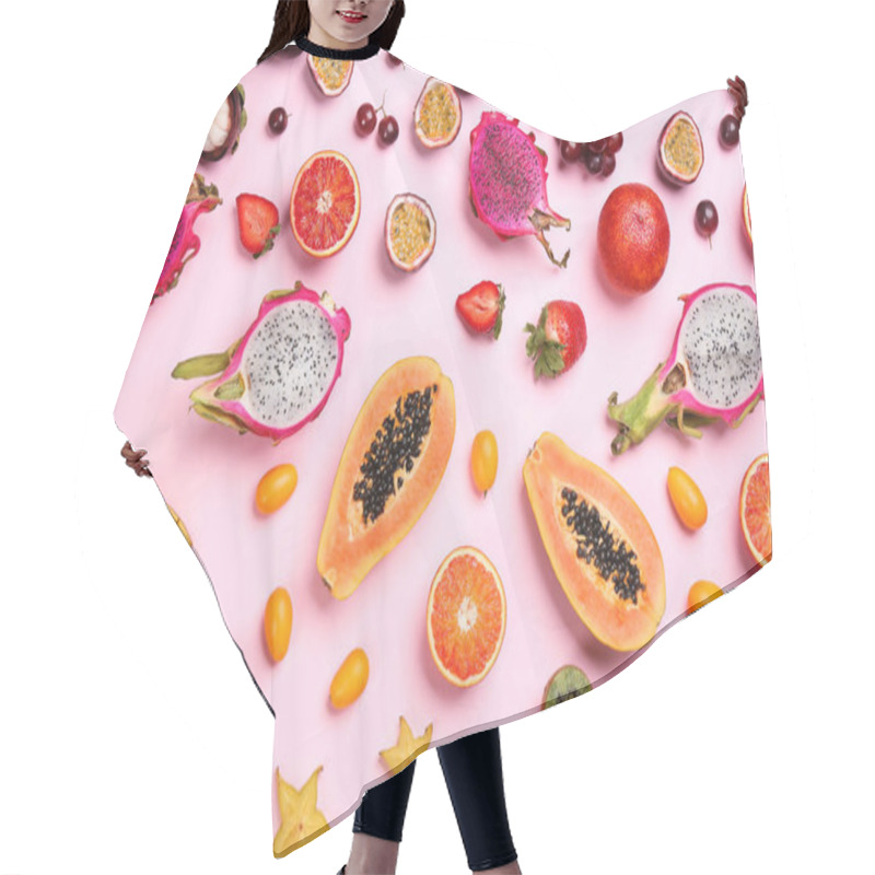 Personality  Many Different Delicious Exotic Fruits On Pink Background, Flat Lay Hair Cutting Cape