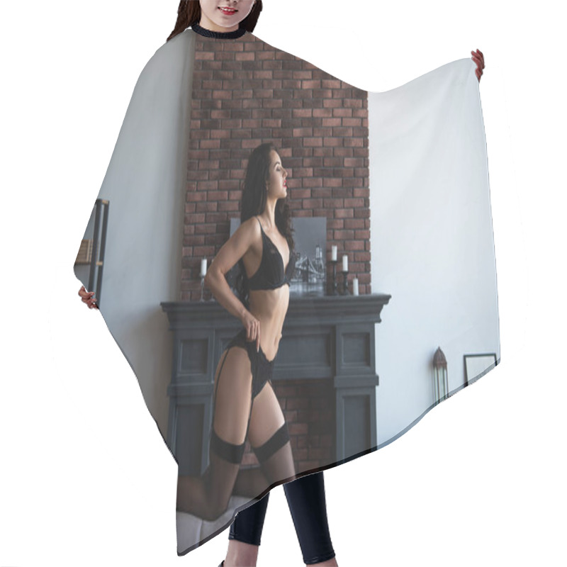 Personality  Side View Of Sexy Girl In Black Underwear Holding Panties While Standing On Sofa In Living Room Hair Cutting Cape