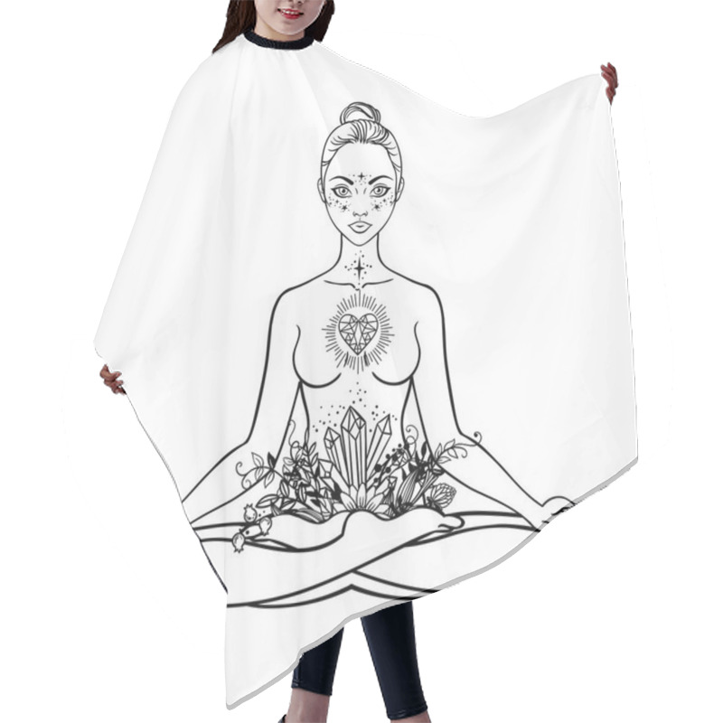 Personality  Beautiful Woman Silhouette Sitting In Lotus Pose With Flowers And Ethnic Art. Power Of Girls. Meditation, Yoga, Kundalini, Tantra, Ayurveda, Aura And Chakras. Vector Illustration. Hair Cutting Cape