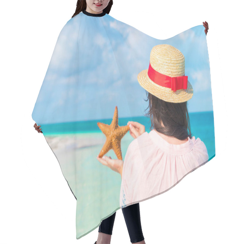 Personality  Happy Young Woman With Starfish On White Beach In The Nature Reserve Hair Cutting Cape