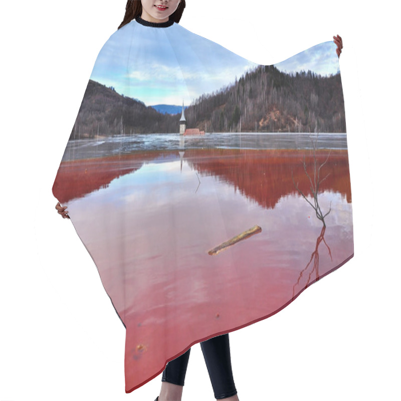 Personality  A Flooded Church In A Toxic Red Lake. Water Polluting By A Copper Mine Hair Cutting Cape