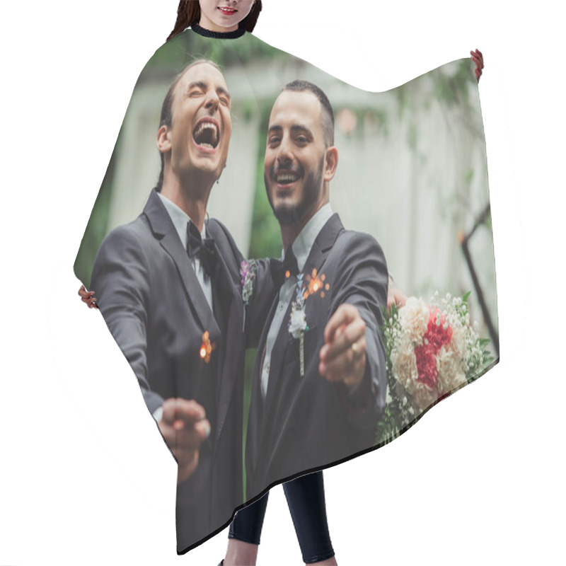 Personality  Excited Gay Couple In Formal Wear Holding Sparklers On Wedding Day Hair Cutting Cape