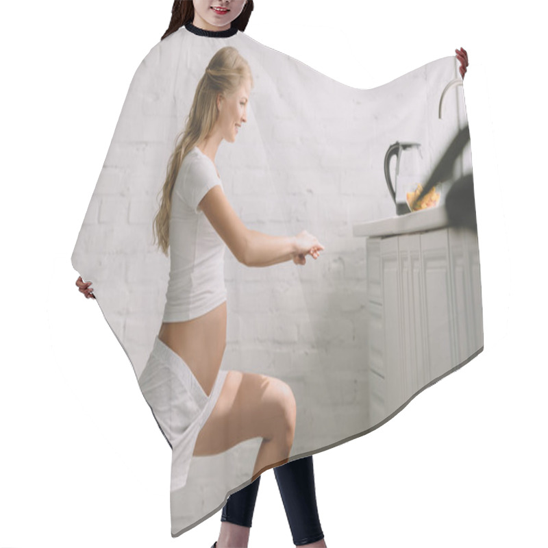 Personality  Side View Of Smiling Pregnant Woman Doing Fitness Exercises At Home Hair Cutting Cape