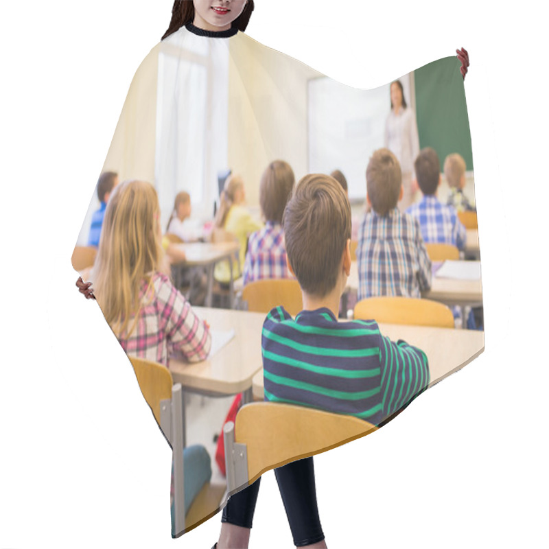 Personality  Group Of School Kids And Teacher In Classroom Hair Cutting Cape