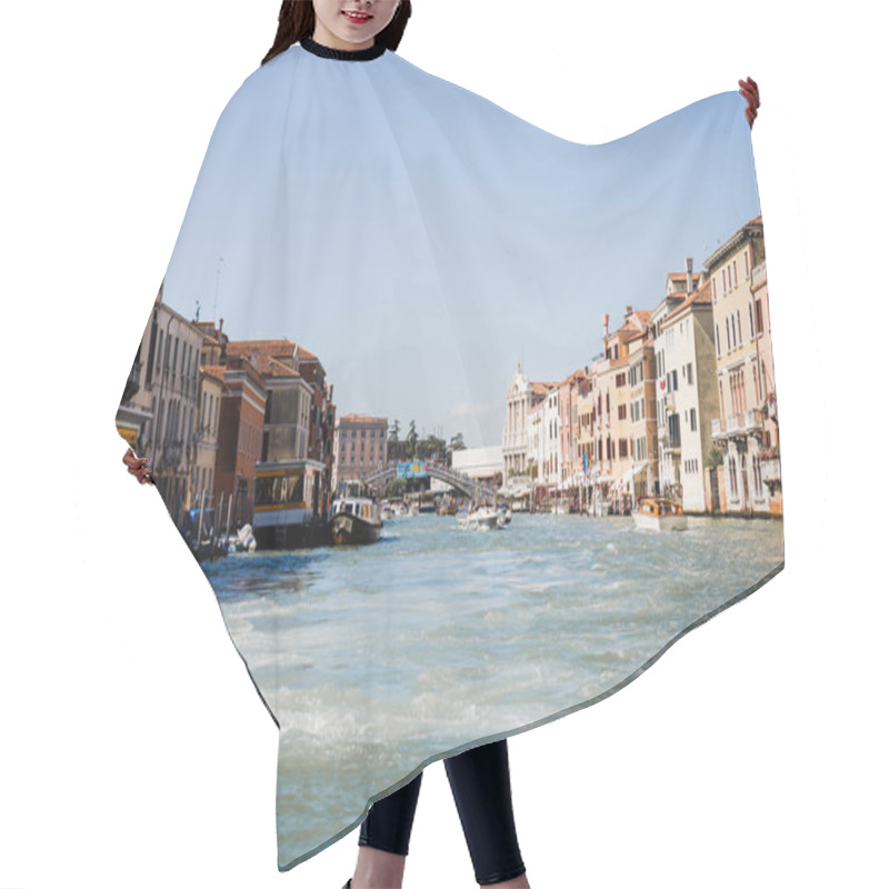 Personality  VENICE, ITALY - SEPTEMBER 24, 2019: Motor Boats Floating On Grand Canal In Venice, Italy  Hair Cutting Cape