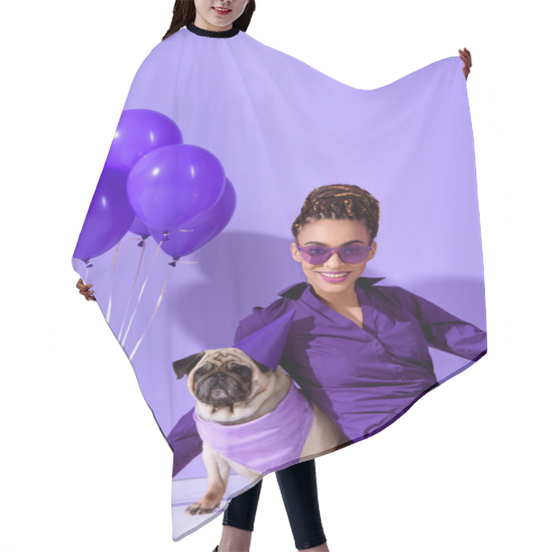 Personality  Smiling African American Girl Posing With Purple Balloons And Pug, Ultra Violet Trend  Hair Cutting Cape