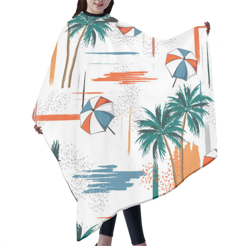 Personality  Colorful Brush Stroke Mixed With Beach Elements Umbrella Palm Trees ,island Seamless Pattern In Vector EOPS10.Design For Fashion,fabric,web,wallpaper,wrapping And All Prints On White Background. Hair Cutting Cape